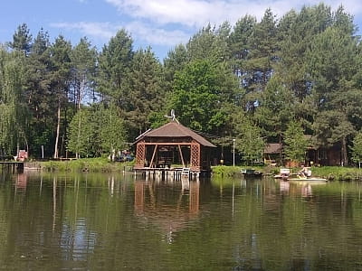 Альтанки і вимостки на березі озера на базі відпочинку "Абрикос" біля села Гуменне в Вінницькій області