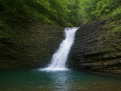 Манявський Нижній водоспад висотою 3 м у Карпатах. Мальовнича ущелина, легенди, купання, фотозйомки та прогулянки поруч із Манявським Скитом.