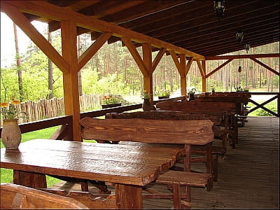 літня тераса ресторана в сосновому лісі в заміському комплексі «Перший Кордон» в селі Медведівка Черкаської області