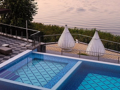 аквазона з лежаками та бунгало на березі Дніпра в заміському комплексі «Потоки Хауз» у мальовничому куточку Полтавщини, на березі річки Дніпро, у селі Кам’яні Потоки поблизу Кременчука.