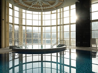 критий 24 метровий басейн оснащений водними атракціонами в заміському комплексі ARDEN PALACE Medical Resort & SPA в селищі Сатанів Хмельницької області