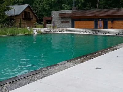 літній відкритий басейн в ресторанно-відпочинковому комплексі Gosti, розташованому серед соснового лісу приблизно за 10 км від Луцька, у селі Брище, вздовж траси Луцьк — Ковел