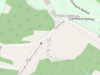 Розташування Тисовець на мапі; Data: © OpenStreetMap contributors, SRTM, GEBCO, SONNY's LiDAR DTM, NASADEM, ESA WorldCover; Maps © Tracestrack