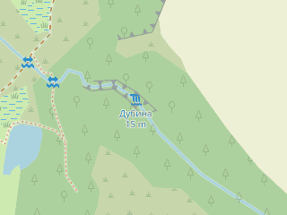 Розташування Дубина на мапі; Data: © OpenStreetMap contributors, SRTM, GEBCO, SONNY's LiDAR DTM, NASADEM, ESA WorldCover; Maps © Tracestrack