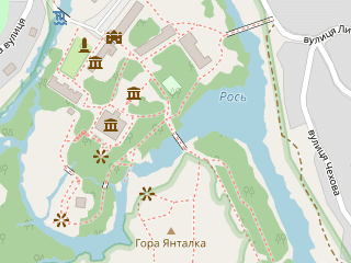 Розташування Рось на мапі; Data: © OpenStreetMap contributors, SRTM, GEBCO, SONNY's LiDAR DTM, NASADEM, ESA WorldCover; Maps © Tracestrack