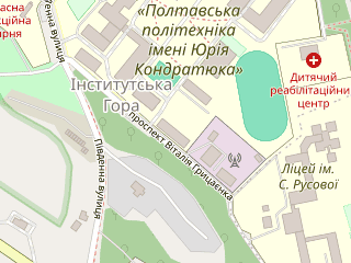 Розташування Науки Полтава на мапі; Data: © OpenStreetMap contributors, SRTM, GEBCO, SONNY's LiDAR DTM, NASADEM, ESA WorldCover; Maps © Tracestrack