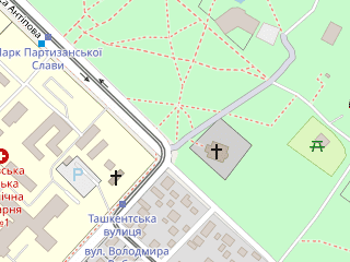 Розташування Партизанської Слави на мапі; Data: © OpenStreetMap contributors, SRTM, GEBCO, SONNY's LiDAR DTM, NASADEM, ESA WorldCover; Maps © Tracestrack