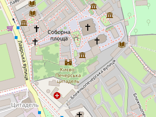 Розташування Декоративного мистецтва України на мапі; Data: © OpenStreetMap contributors, SRTM, GEBCO, SONNY's LiDAR DTM, NASADEM, ESA WorldCover; Maps © Tracestrack