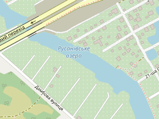 Розташування Русанівське на мапі; Data: © OpenStreetMap contributors, SRTM, GEBCO, SONNY's LiDAR DTM, NASADEM, ESA WorldCover; Maps © Tracestrack