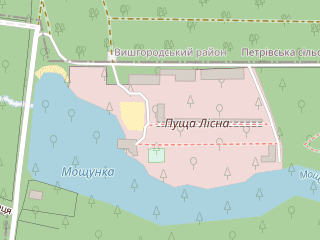 Розташування Пуща Лісна на мапі; Data: © OpenStreetMap contributors, SRTM, GEBCO, SONNY's LiDAR DTM, NASADEM, ESA WorldCover; Maps © Tracestrack
