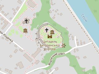 Розташування Батуринська на мапі; Data: © OpenStreetMap contributors, SRTM, GEBCO, SONNY's LiDAR DTM, NASADEM, ESA WorldCover; Maps © Tracestrack